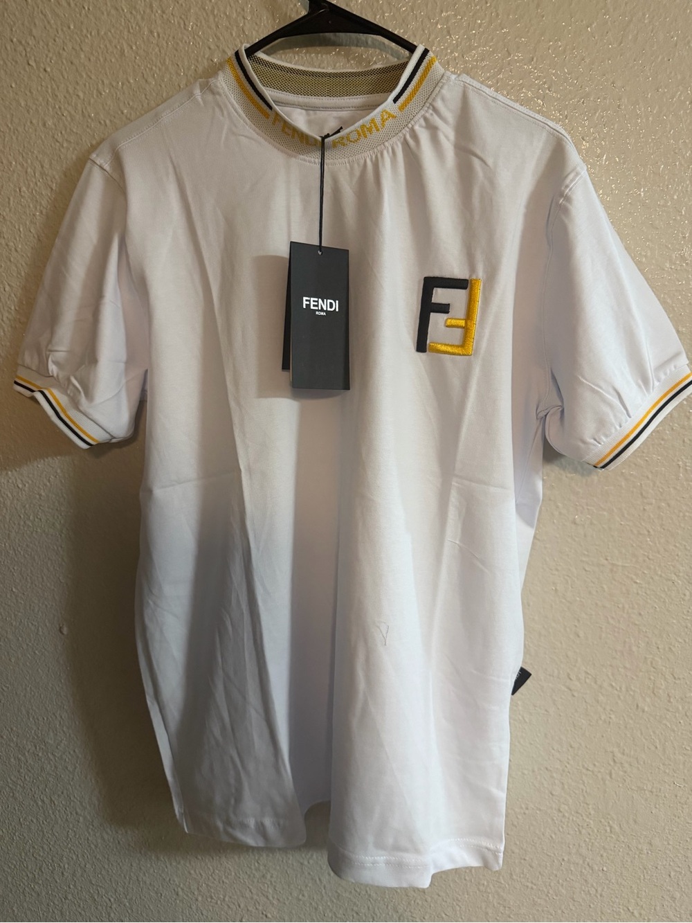 Fendi White T-Shirt with Yellow & Black Logo Embroidery - Picture 3 of 3